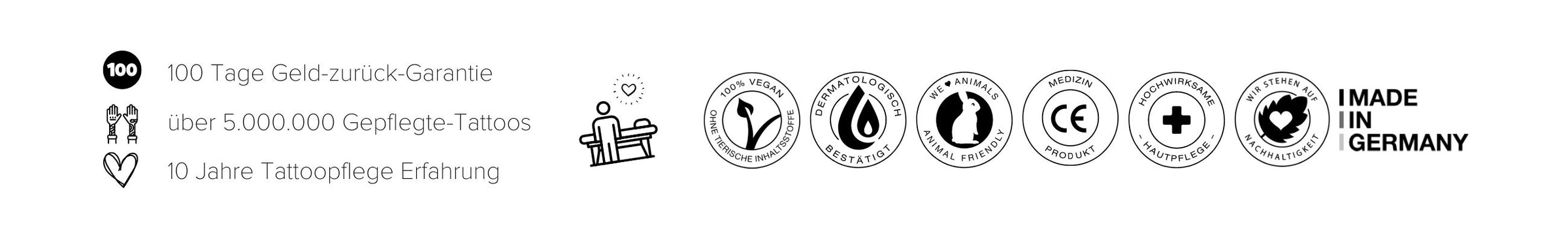 100 Tage Geld-zurück-Garantie über 5.000.000 Gepflegte-Tattoos 10 Jahre Tattoopflege Erfahrung