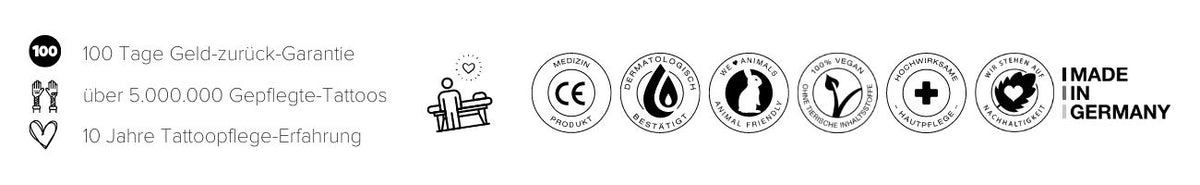 100 Tage Geld-zurück-Garantie über 5.000.000 Gepflegte-Tattoos 10 Jahre Tattoopflege Erfahrung