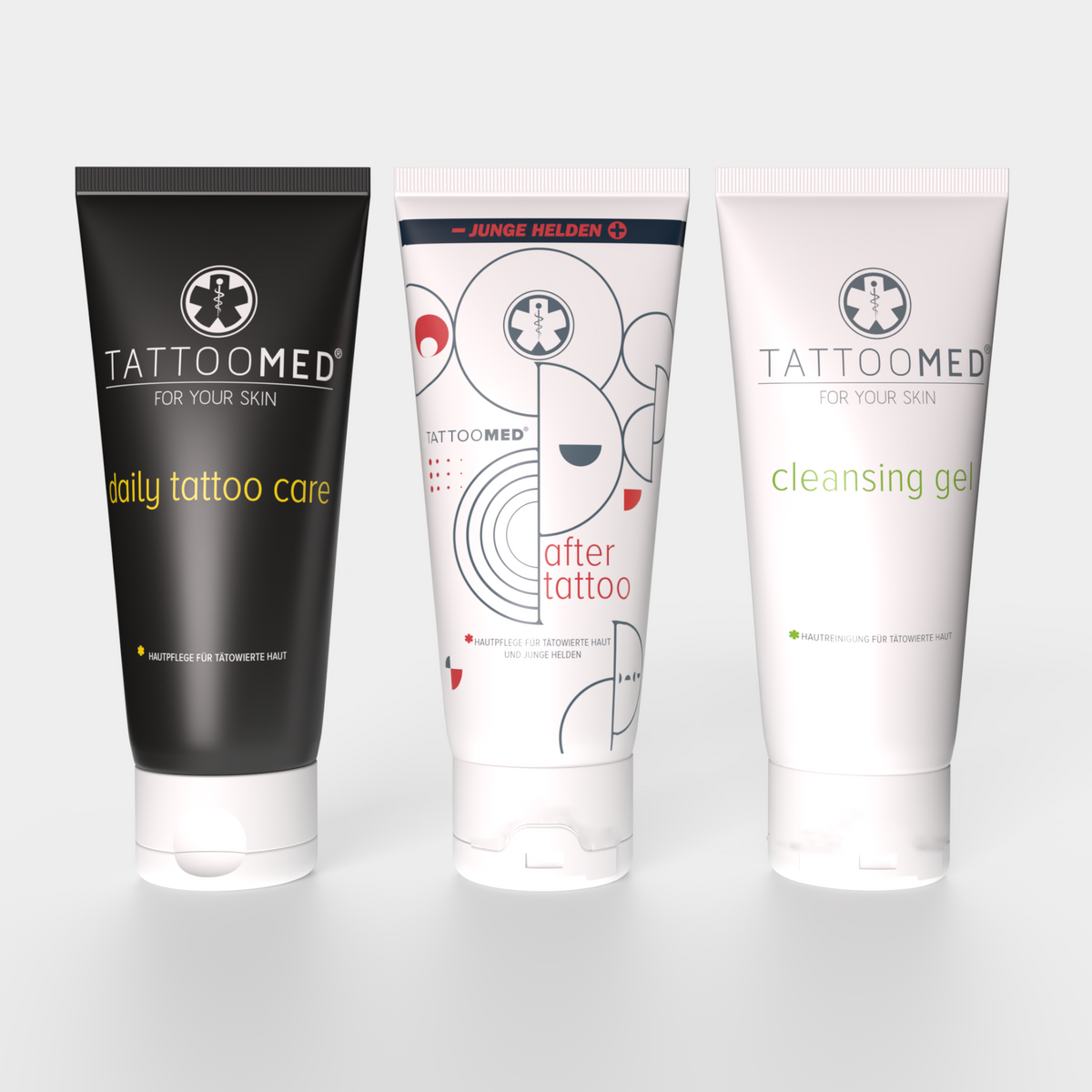 TattooMed Junge Helden All In Bundle. Tattoo-Pflege-Set enthält TattooMed daily tattoo care, TattooMed® After Tattoo x Junge Helden Special Edition und TattooMed Cleansing Gel.