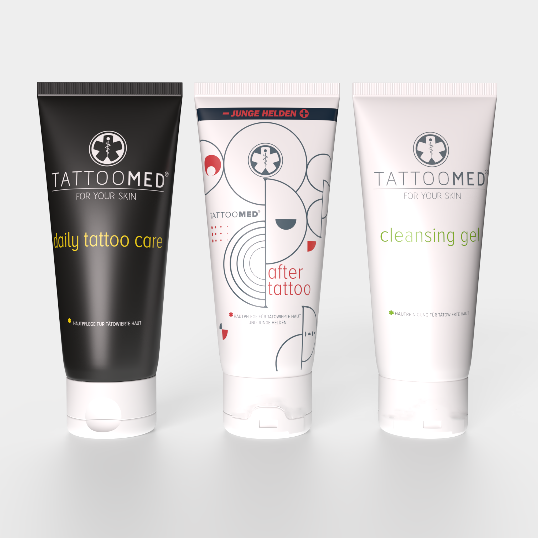 TattooMed Junge Helden All In Bundle. Tattoo-Pflege-Set enthält TattooMed daily tattoo care, TattooMed® After Tattoo x Junge Helden Special Edition und TattooMed Cleansing Gel.