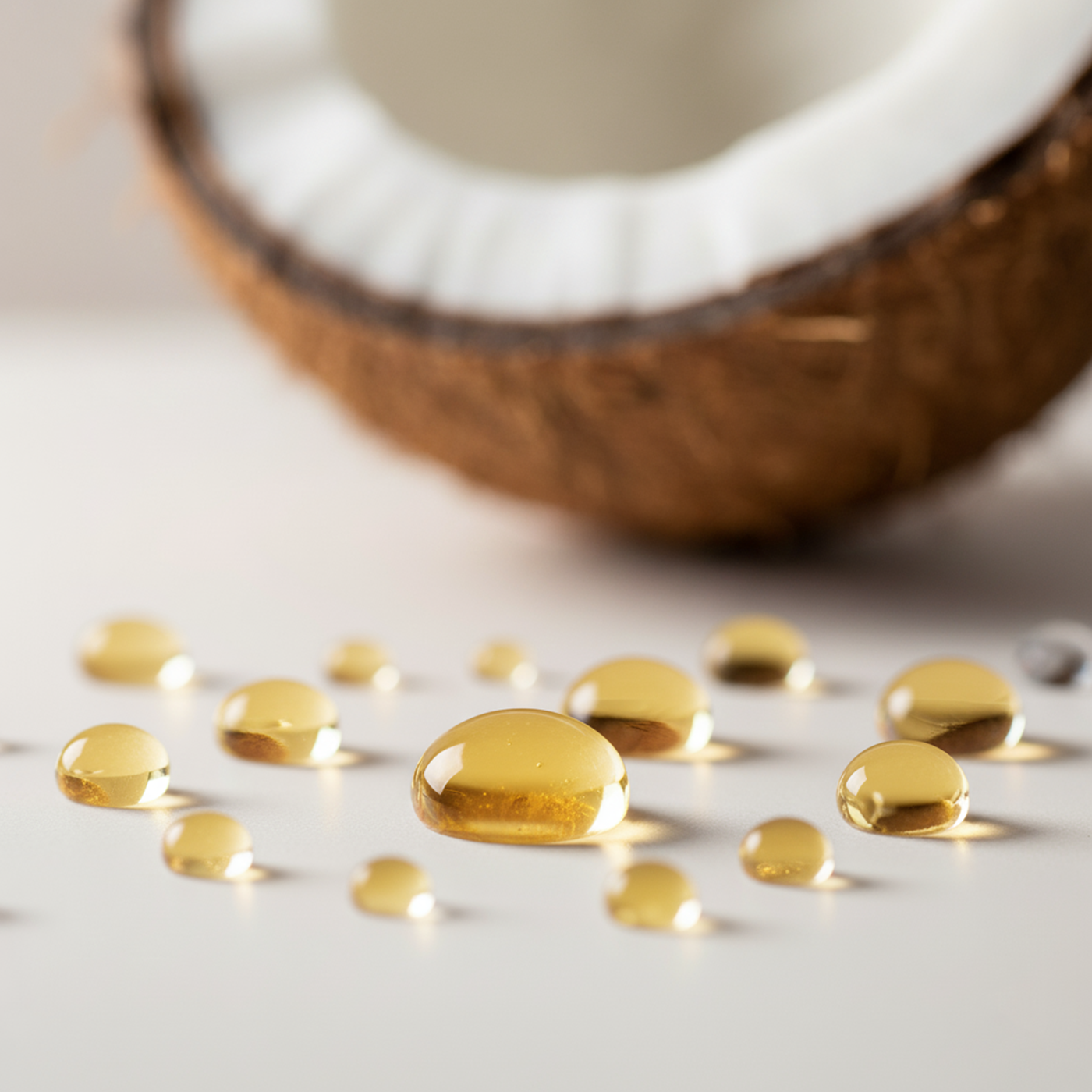 Öltropfen im Vordergrund, Kokosnuss im Hintergrund