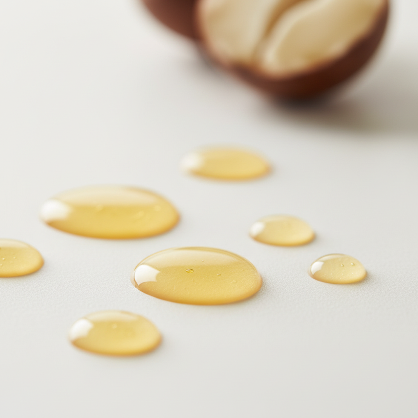 Öltropen im Vordergrund, weichgezeichnete Sheanuss im Hintergrund