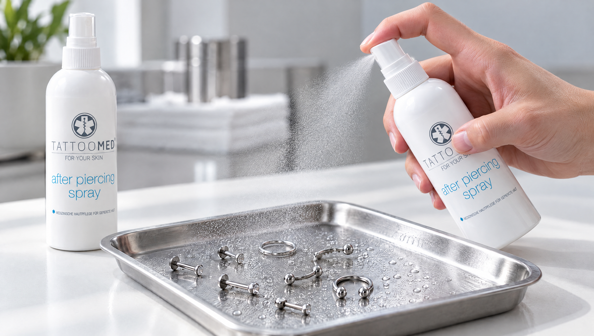Piercing-Schmuck auf einem Edelstahltablett wird mit After Piercing Spray gereinigt