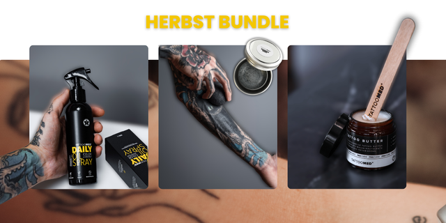 TattooMed tattoo butter, daily oil spray, clean & care sponge vor herbstlichem Hintergrund, rot gefärbte Blätter