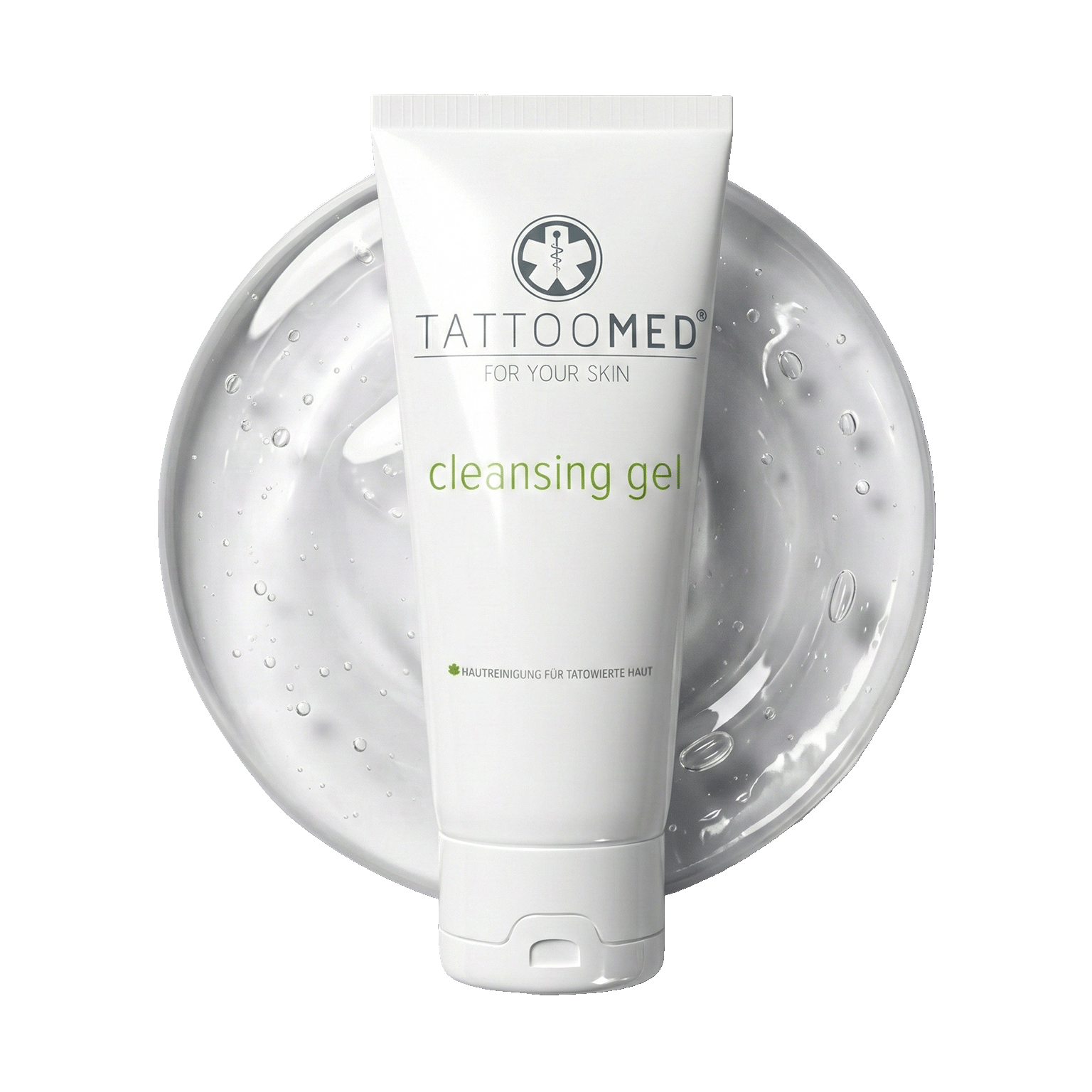 TattooMed Cleansing Gel mit Gel Textur im Hintergrund