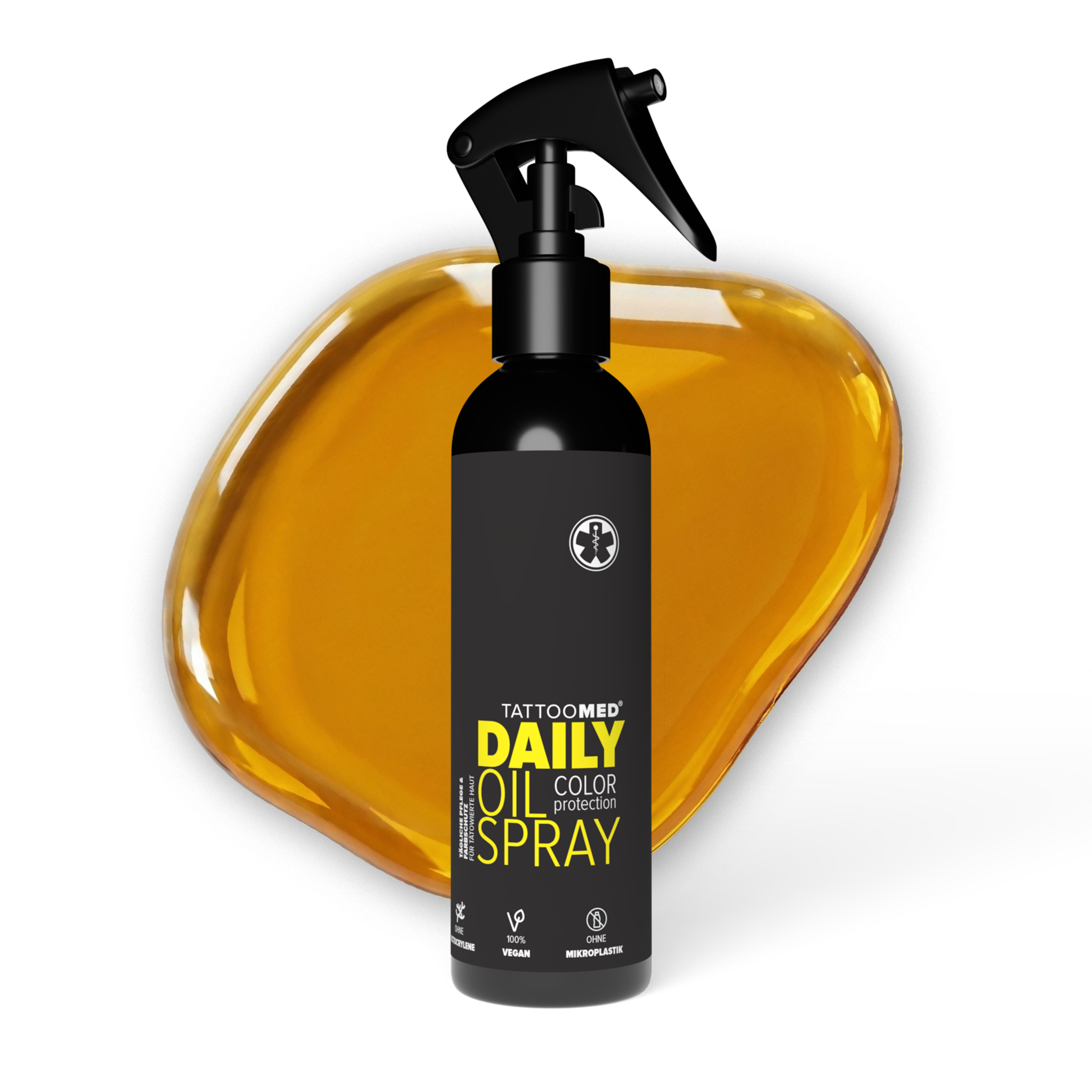 TattooMed Daily Oil Spray mit Öl Textur im Hintergrund
