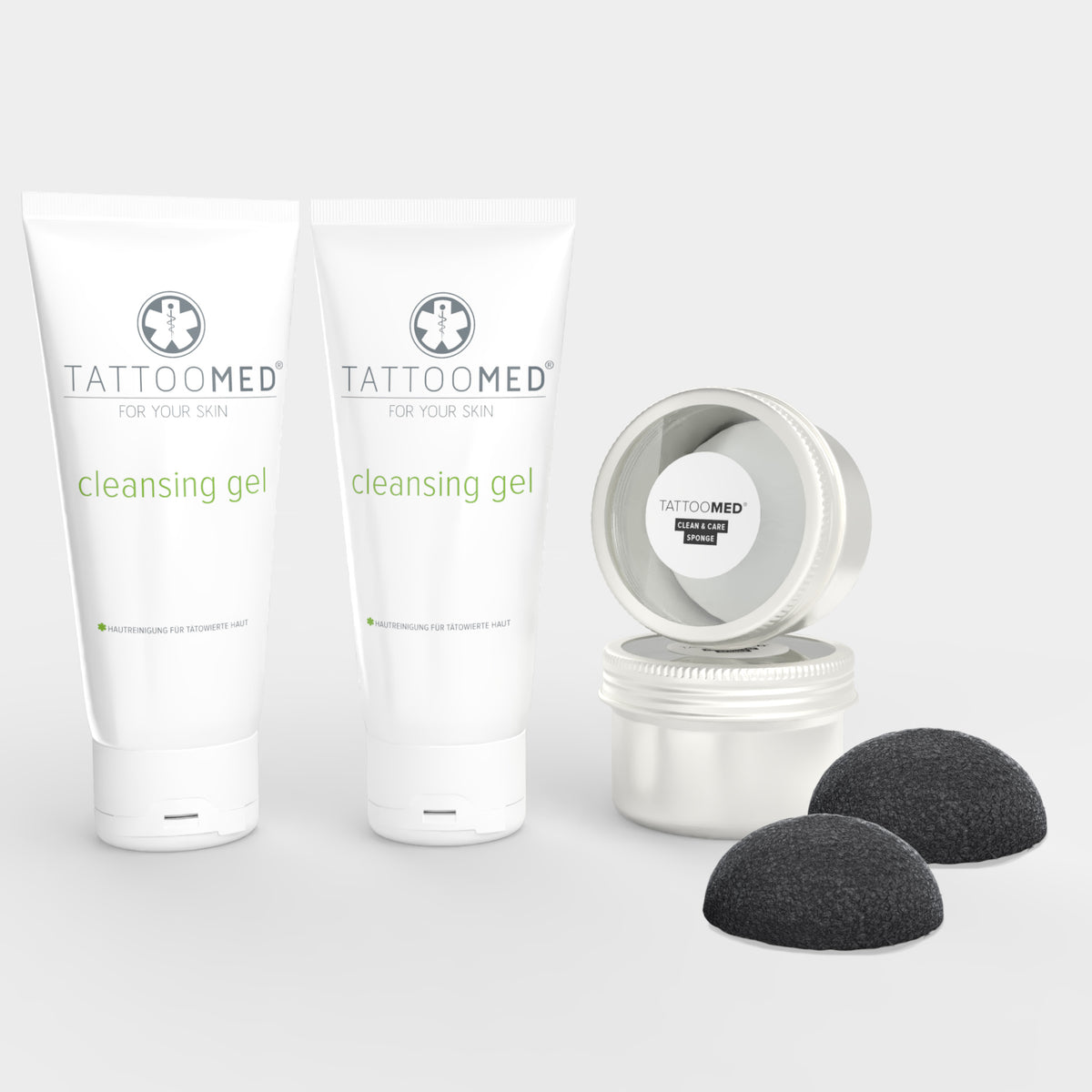 TattooMed Shower Bundle L enthält TattooMed Cleansing Gel und TattooMed Clean & Care Sponge