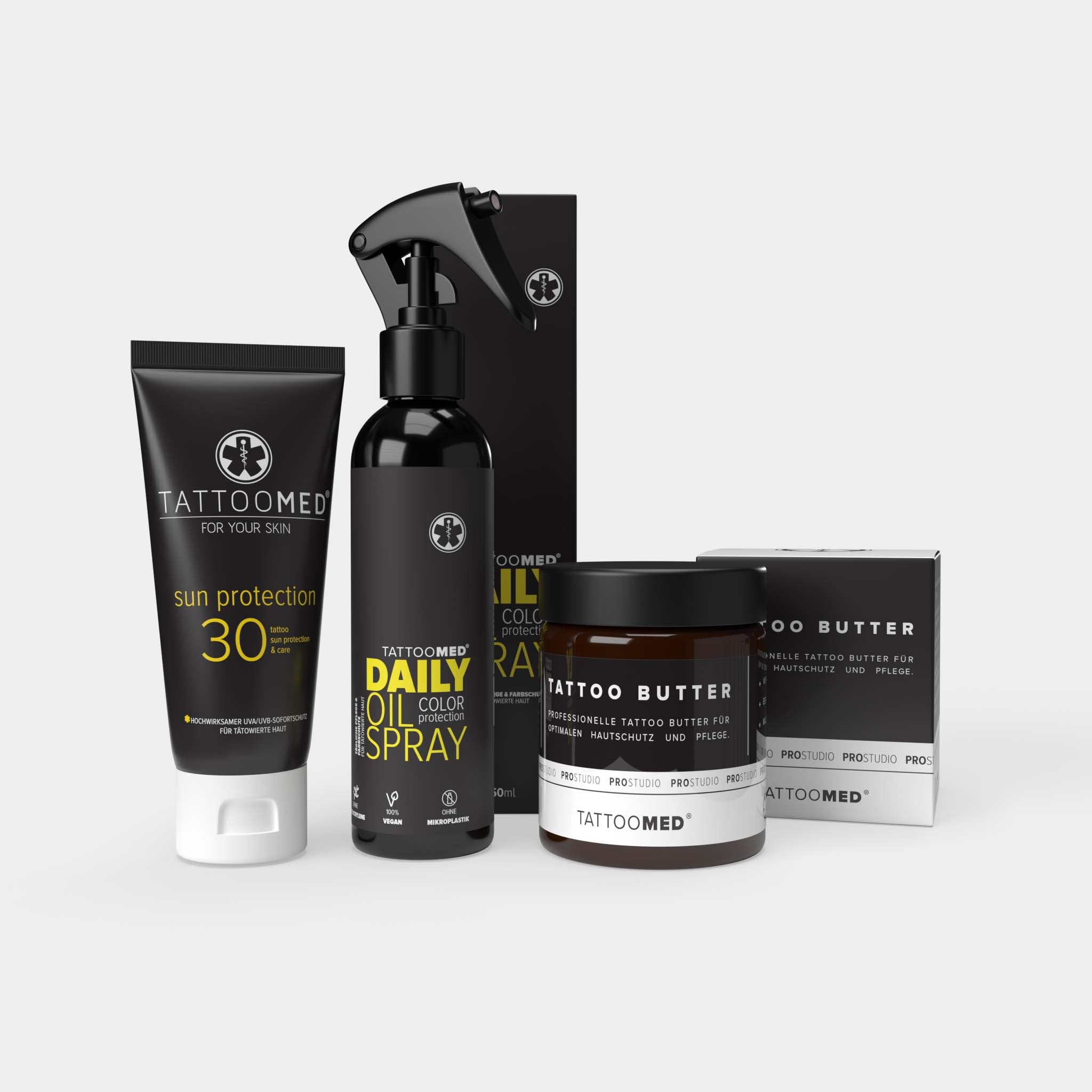 TattooMed Spring Set. Enthält TattooMed Sun Protection LSF30 100ml, TattooMed Daily Oil Spray 150ml, TattooMed Tattoo butter 120ml