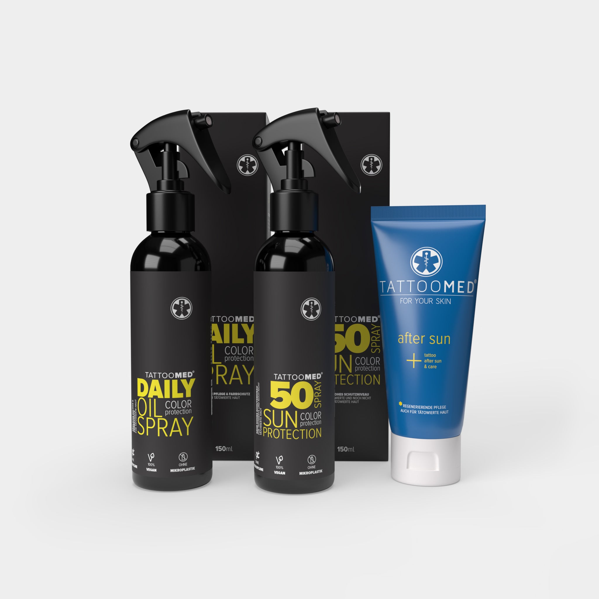 TattooMed Summer Set. Ein Tattoo-Pflege-Set bestehend aus TattooMed Daily Oil Spray, TattooMed Sun Protection Spray LSF50 und TattooMed After Sun.