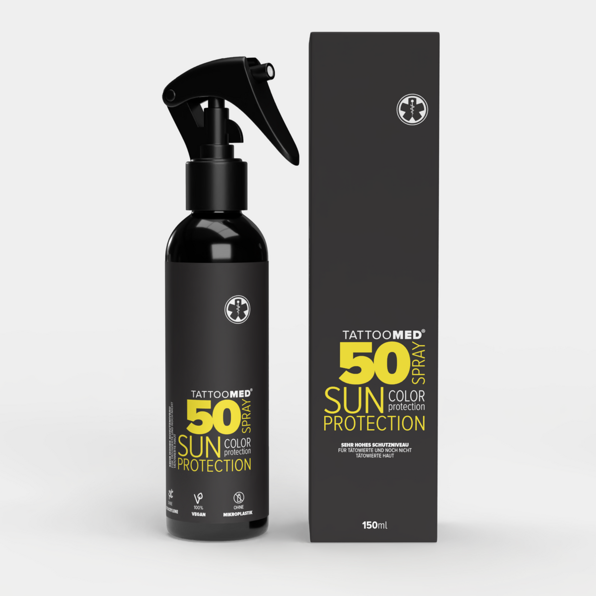 TattooMed Sun Protection Spray LSF50 150ml vor neutralem Hintergrund