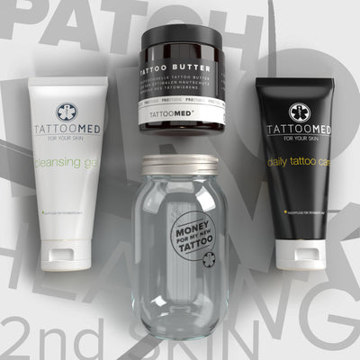 TattooMed® Care Bundle S - (1x Tattoo Butter ﻿﻿1x Daily Tattoo Care 1x Cleansing Gel 100ml 1x Sparglas klein (gratis))
