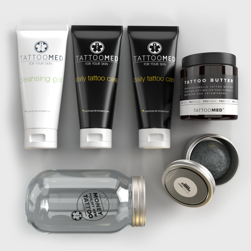 ﻿﻿TattooMed® Care Bundle M - (1x Tattoo Butter 2x Daily Tattoo Care 1x Cleansing Gel 100ml 1x Sponge 1x Sparglas klein (gratis)